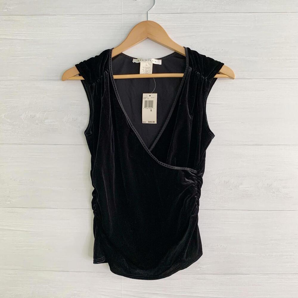 NWT Max Studio - Black velour ruched faux wrap stretch top, S